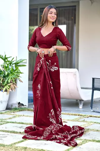 pre draped maroon mulmul cotton saree with block print blouse