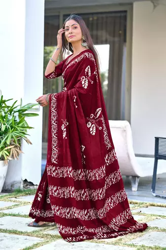 pre draped maroon mulmul cotton saree with block print blouse