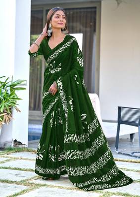 ready made green mulmul cotton saree with block print blouse 1
