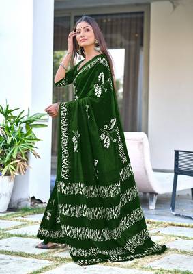 ready made green mulmul cotton saree with block print blouse 2