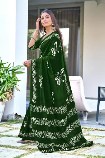 ready made green mulmul cotton saree with block print blouse
