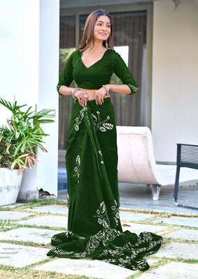 ready made green mulmul cotton saree with block print blouse 3