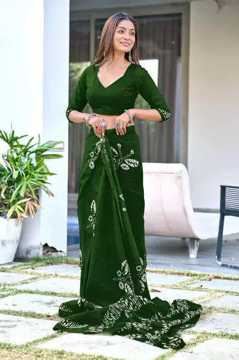 ready made green mulmul cotton saree with block print blouse