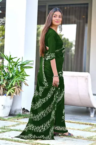 ready made green mulmul cotton saree with block print blouse