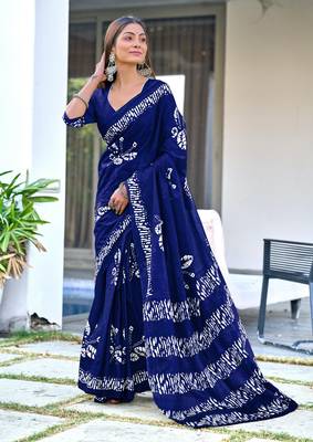 pre-stitched blue mulmul cotton saree with block print blouse 1