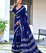 ready to wear blue mulmul cotton saree with block print blouse