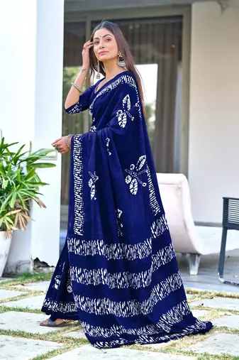 pre-stitched blue mulmul cotton saree with block print blouse