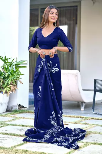 pre-stitched blue mulmul cotton saree with block print blouse