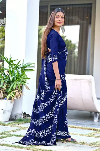 pre-stitched blue mulmul cotton saree with block print blouse
