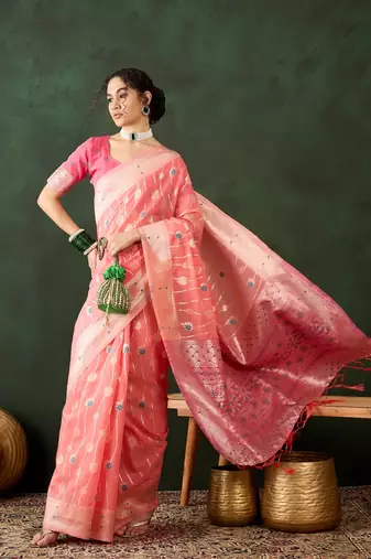 peach Poly Cotton Jacquard Saree