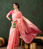 peach Poly Cotton Jacquard Saree