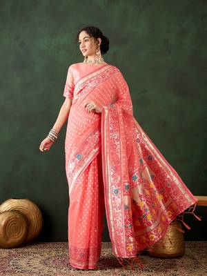 peach Poly Cotton Jacquard Saree 1