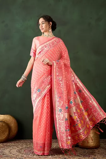 peach Poly Cotton Jacquard Saree