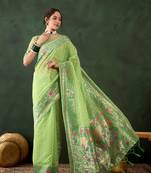 green Poly Cotton Jacquard Saree