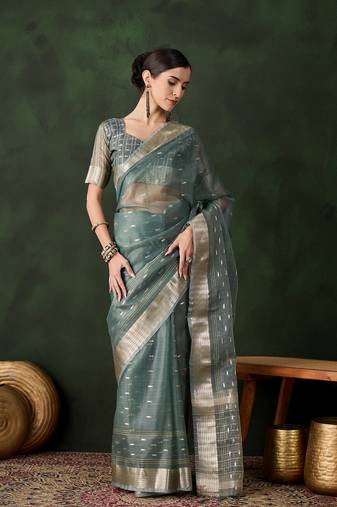 green Khadi Organza Jacquard Saree 