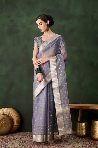 grey Khadi Organza Jacquard Saree 