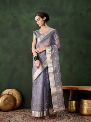 grey Khadi Organza Jacquard Saree  1