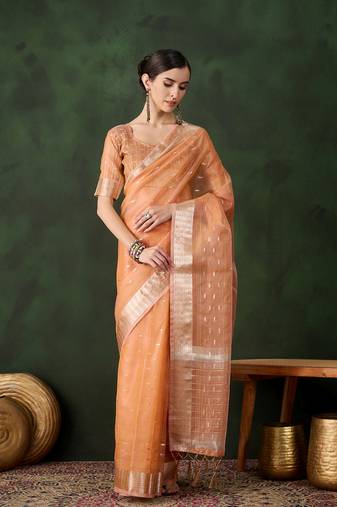 orange Khadi Organza Jacquard Saree 