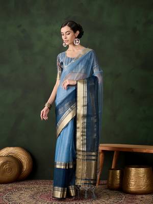 blue Khadi Organza Jacquard Saree  1