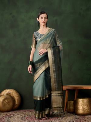 green Khadi Organza Jacquard Saree  1
