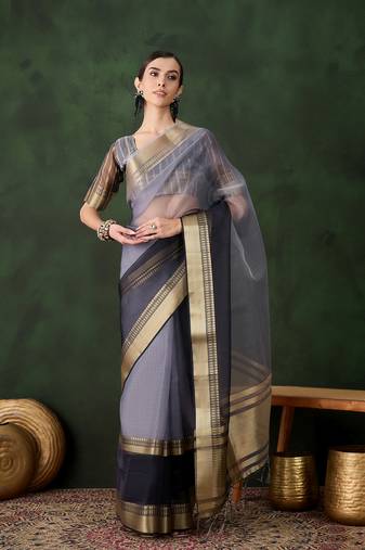 grey Khadi Organza Jacquard Saree 