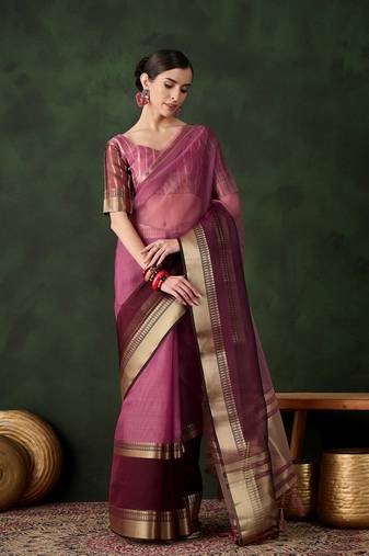 wine Khadi Organza Jacquard Saree 