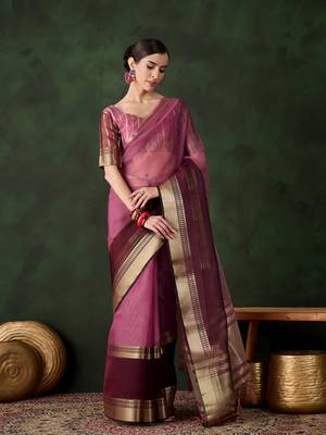 wine Khadi Organza Jacquard Saree  1