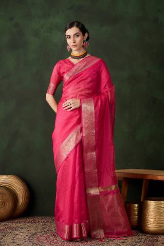 pink Khadi Organza Jacquard Saree 