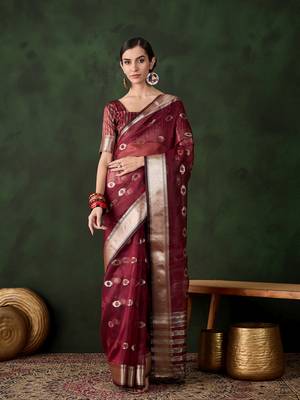 maroon Khadi Organza Jacquard Saree  1