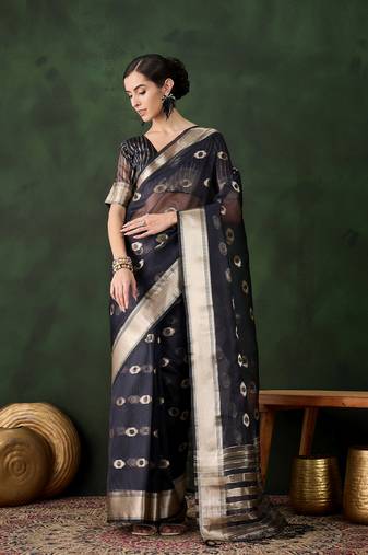 navy blue Khadi Organza Jacquard Saree 