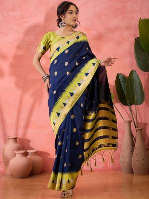 blue Poly Cotton Jacquard Saree 1
