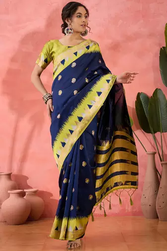 blue Poly Cotton Jacquard Saree