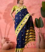 blue Poly Cotton Jacquard Saree