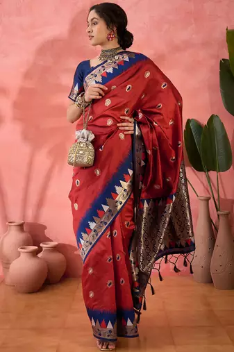 red Poly Cotton Jacquard Saree