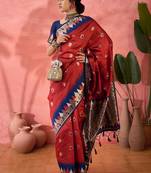 red Poly Cotton Jacquard Saree