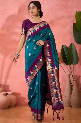 teal Poly Cotton Jacquard Saree