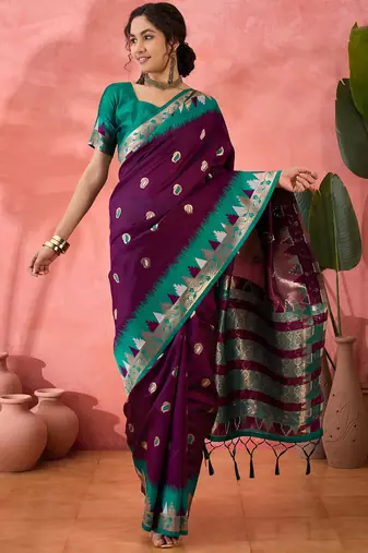 wine Poly Cotton Jacquard Saree