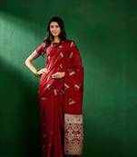 red Dola Jacquard Cotton saree with Woven Design