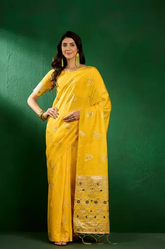 yellow Dola Jacquard Cotton saree with Woven Design