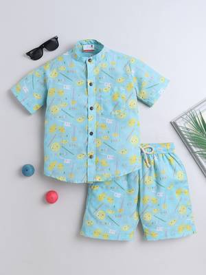 Blue cotton cute lemon printed co-ord set for boys and girls 1