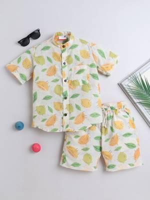 Lemon yellow cotton leaf and lemon printed co-ord set for boys and girls 1
