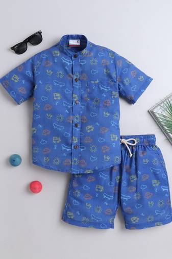 Blue cotton playful printed co-ord set for boys and girls