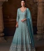 Light blue georgette full stitched free size upto 42 heavy embroidery wedding gowns