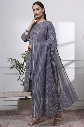 grey ethnic motifs a-line kurta trouser dupatta set