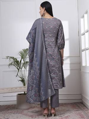 grey ethnic motifs a-line kurta trouser dupatta set 3