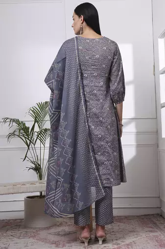grey ethnic motifs a-line kurta trouser dupatta set