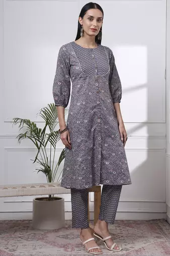 grey ethnic motifs a-line kurta trouser dupatta set