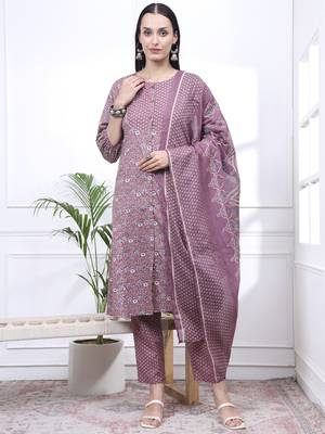 mauve ethnic motifs a-line kurta trouser dupatta set 1