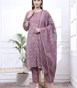 mauve ethnic motifs a-line kurta trouser dupatta set