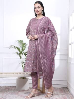 mauve ethnic motifs a-line kurta trouser dupatta set 2